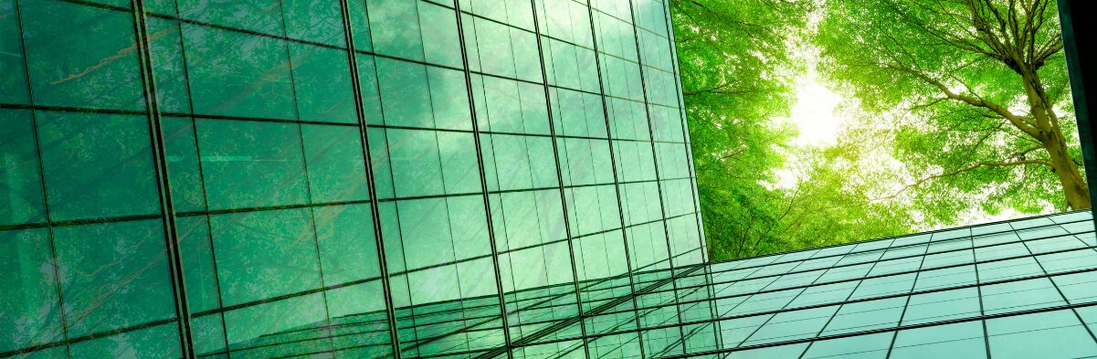 upward look at glass wall system with bright green trees