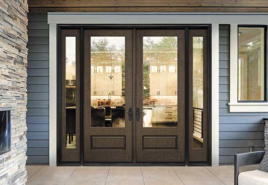 dark brown entry door with large glass panel