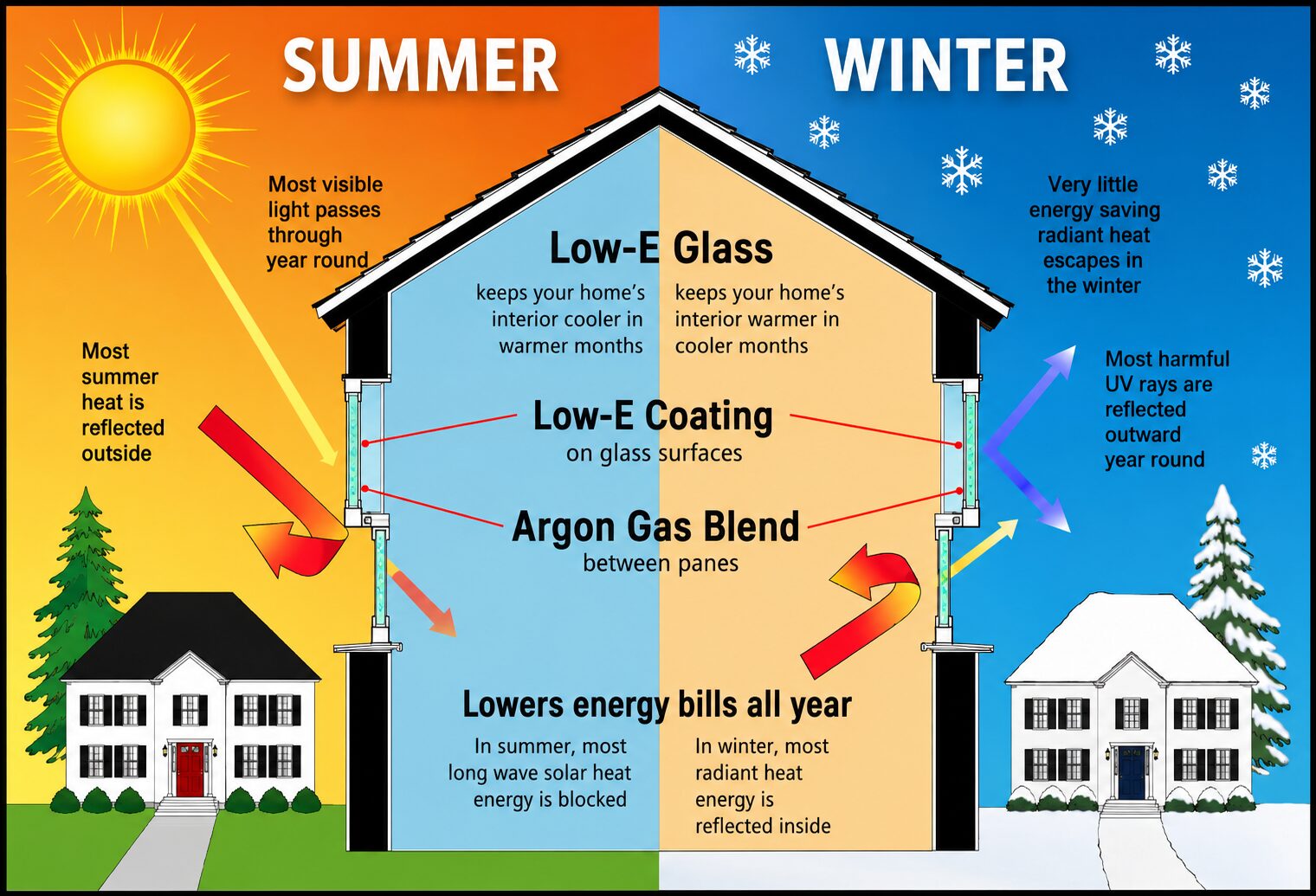 Diagram explaining how Low-E glass reflects summer heat while letting natural light pass through