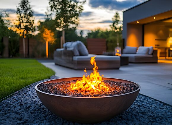 Comfortable outdoor lounge seating and dining furniture on a backyard deck