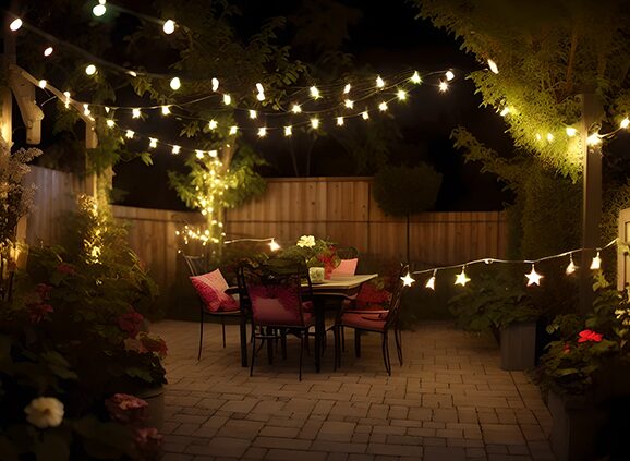 String lights and pathway lighting illuminating a backyard patio at dusk