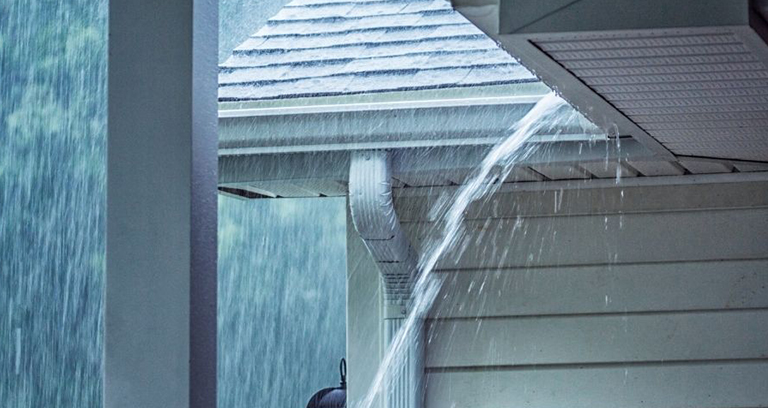 Rainwater overflowing from a clogged gutter and spilling down the side of a house