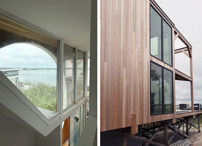 Weather Shield VUE sliding patio doors opening a living space onto a coastal outdoor entertaining area