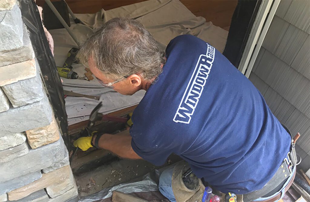 Professional installation of a fiberglass entry door by a WindowRama crew