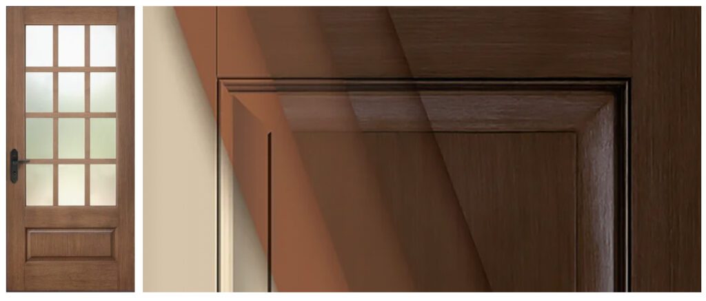 Fiberglass entry door with a PrismaGuard premium finish in a rich wood-tone stain